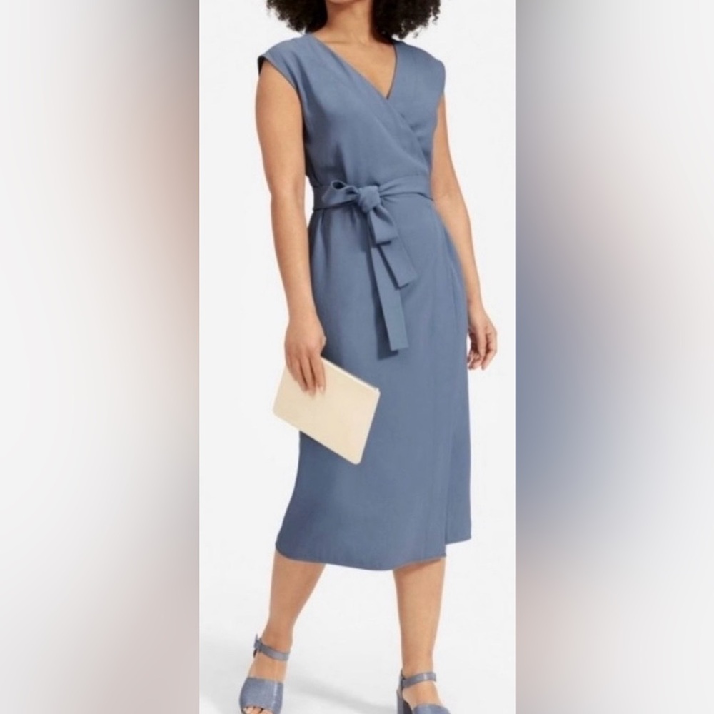 Everlane The Japanese GoWeave Sleeveless Wrap Midi Dress Cornflower Blue Size 16